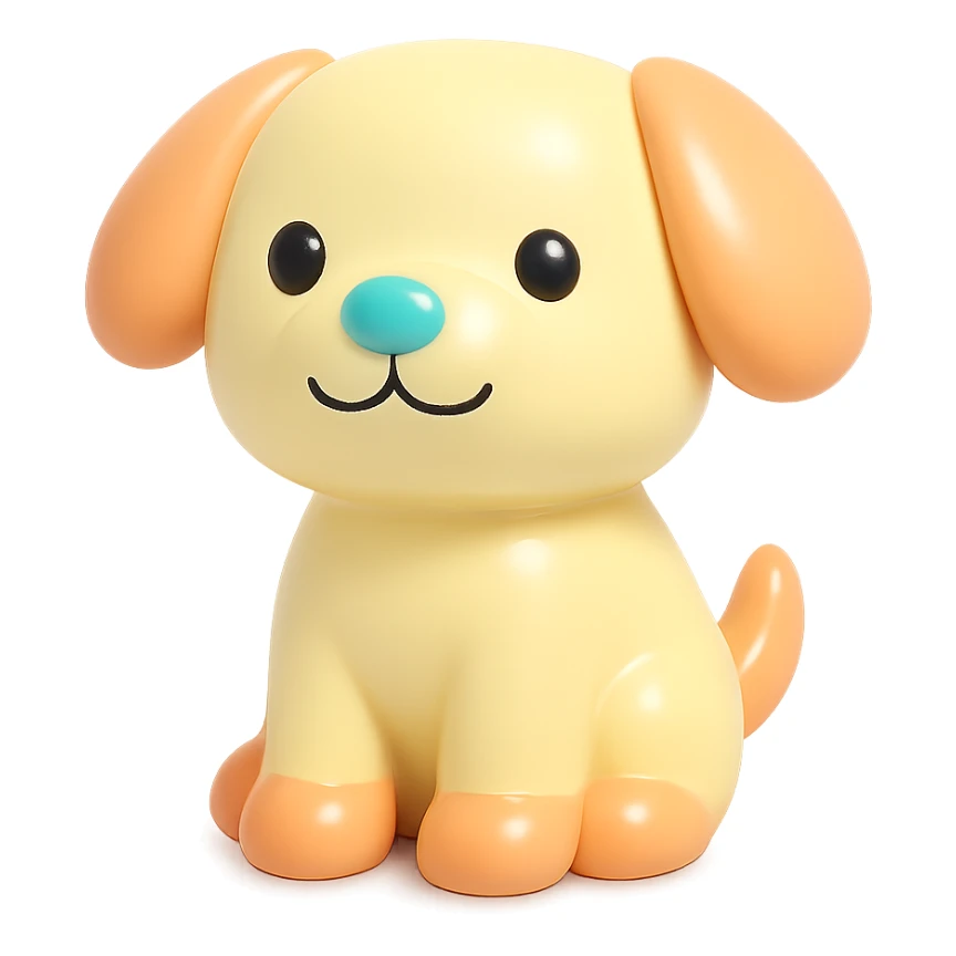               Transform {subject} into a soft vinyl figure with a smooth, glossy surface. The material should look slightly rubbery and tactile, with minimalistic curves and a matte-gloss hybrid finish. Use pastel or soft solid colors. The surface is seamless, with no visible textures or roughness. Studio lighting, vibrant background, clean, playful, designer toy aesthetic and no shadows. {subject} = dog, make sure the mouth has nice outlines sticker