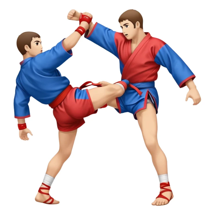 An icon symbolizing Sambo, featuring two fighters in blue and red kimonos with shorts and wrestling shoes. One executes a powerful throw, while the other attempts a defensive grab. The fighters are engaged in a grapple, using joint locks and sweeps.  sticker