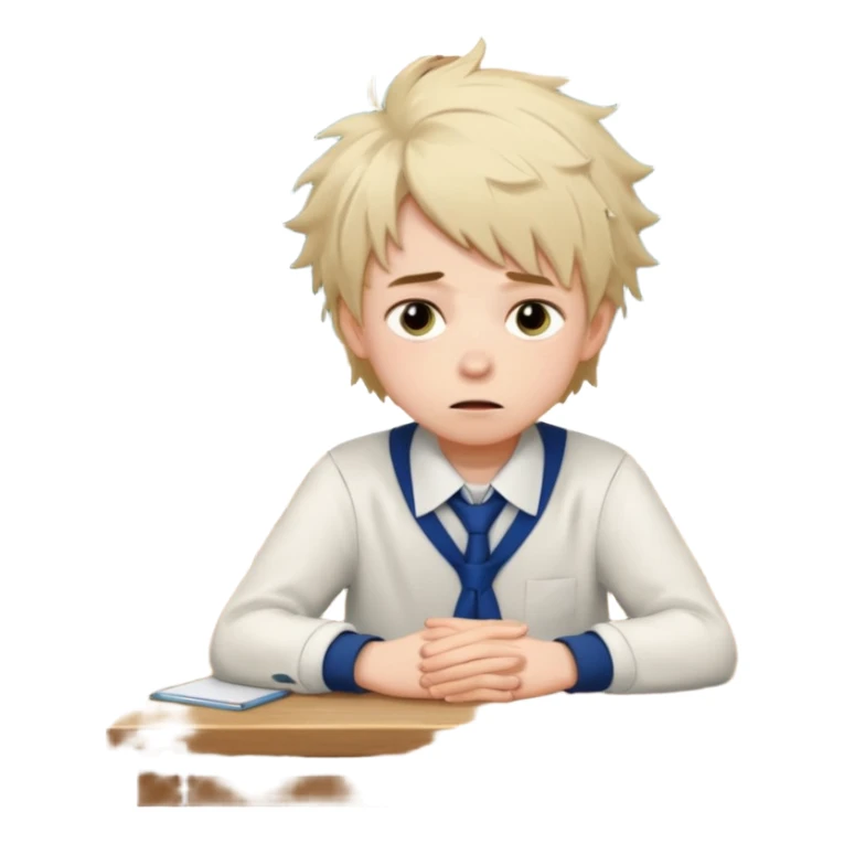 an anxious boyin school uniform sitting in front of a table sticker