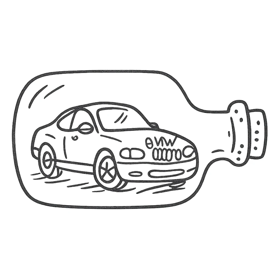 a BMW car inside a glass bottle, hand drawn sketch style sticker