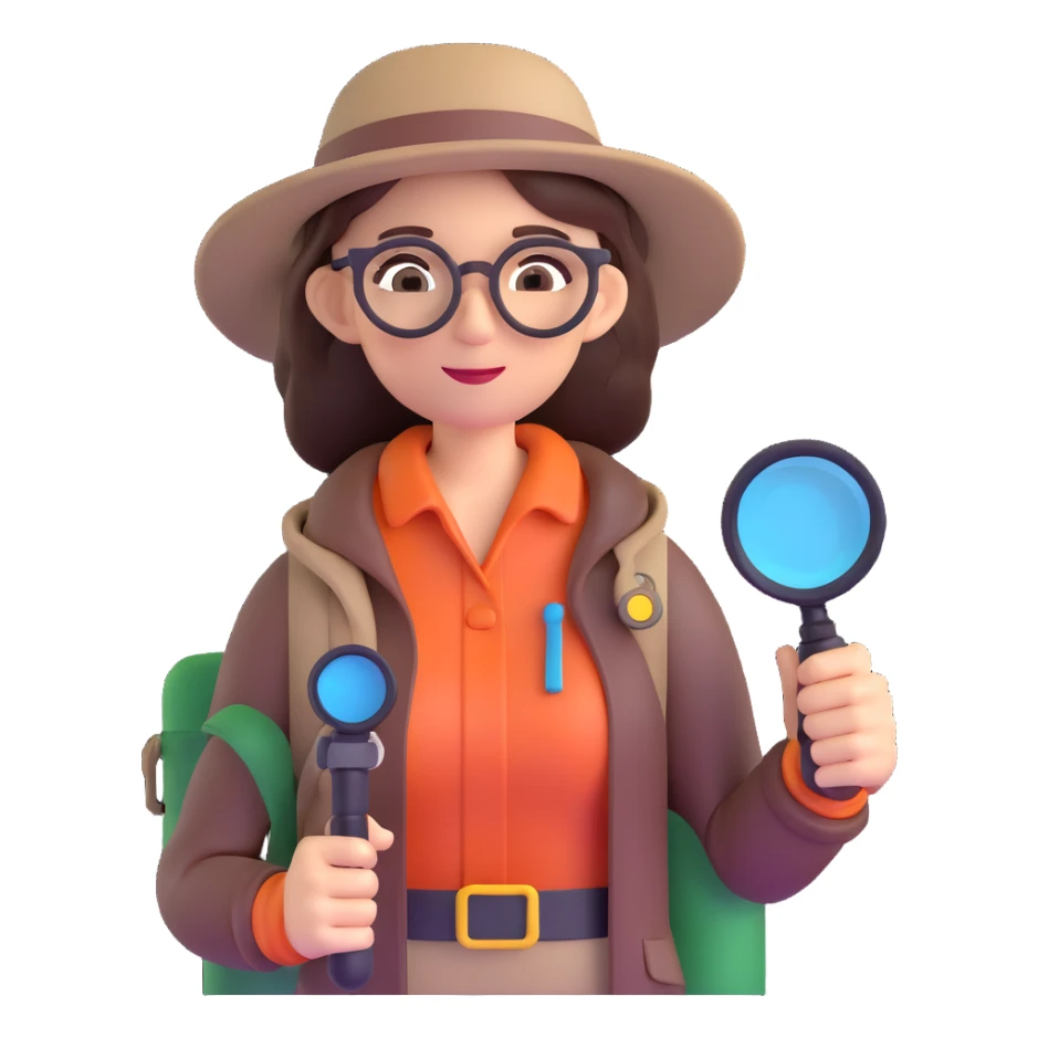 Curious professional woman explorer with glasses, modern outdoor equipment, single magnifying glass, stylized 3d look sticker