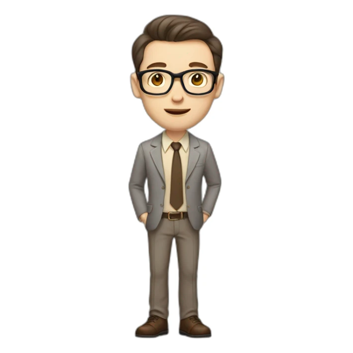 Full height Actively Gesturing Pale skinned fit man with dark brown hair in gray jacket, beige office shirt, brown tie, brown pants and vintage glasses. sticker