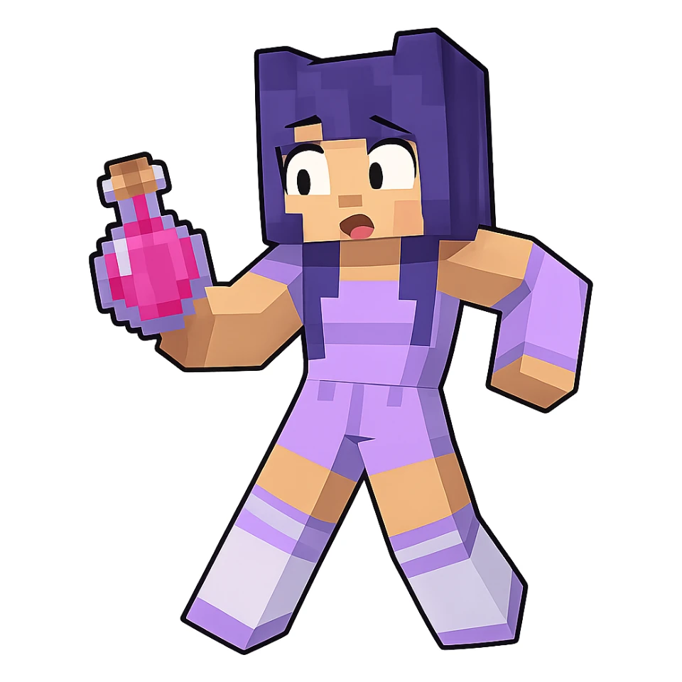 Extract the purple-haired character holding a potion as a separate image on a transparent background, preserving the original Minecraft cartoon style and appearance. sticker