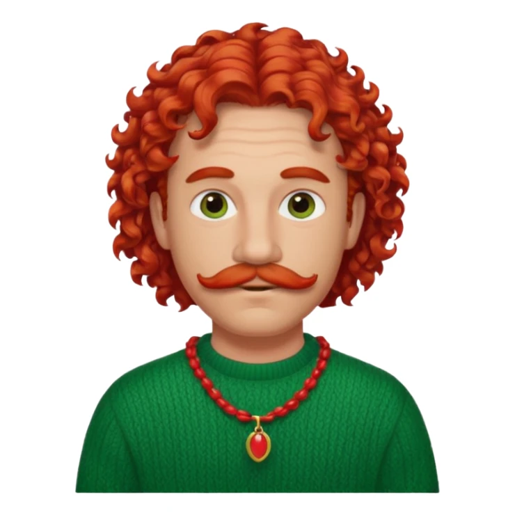 good-looking man with curly red mullet, mustache, green sweater, red necklace sticker