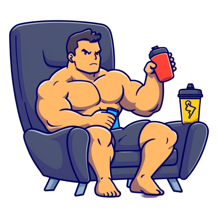 bodybuilder sitting in armchair with protein drink, relaxed muscles, next to a timer showing 48h, cartoonish sticker style sticker