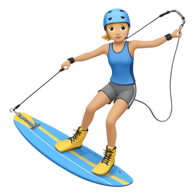 A person wakeboarding with one leg forward, the other bent for balance, leaning slightly back while holding a tow rope. Wearing a blue top, black shorts, gray boots, on a yellow board with small water splashes below. sticker
