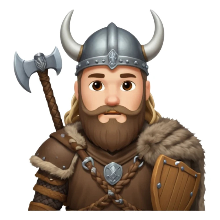 A tall Viking with braided beard, fur cloak, and heavy axe resting on his shoulder with horned helmet sticker