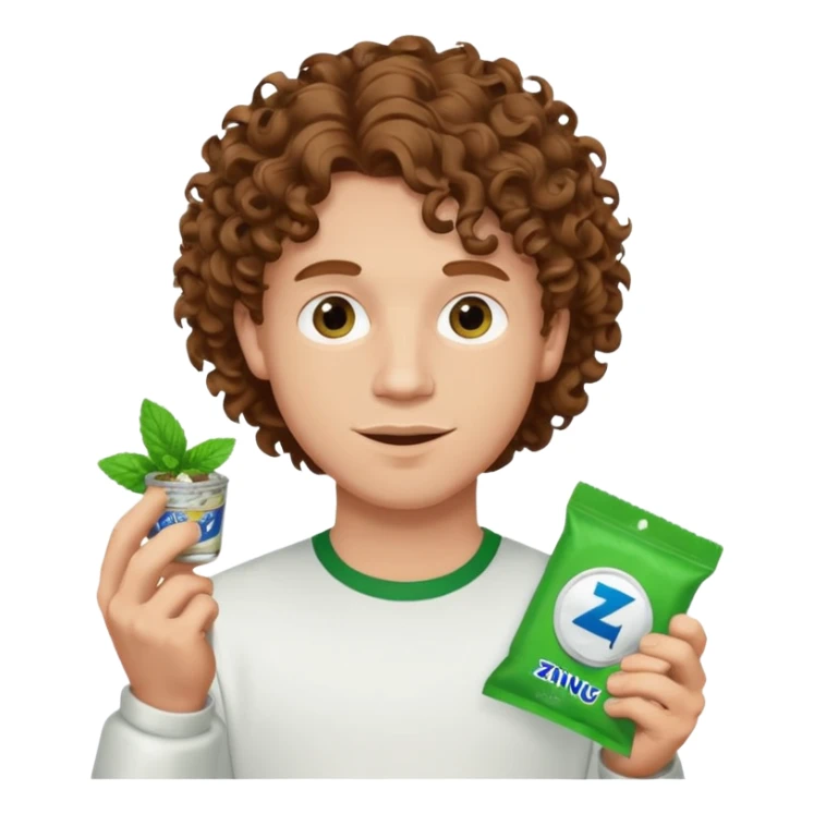 White Man with pretty Curley brown hairholding Zyn spearmint snus sticker