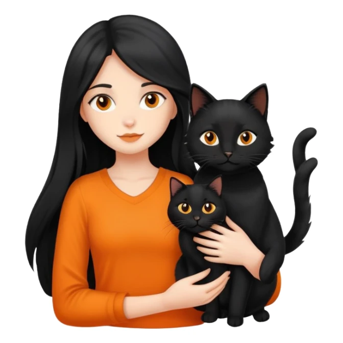 A black long haired girl holding a black cat and an orange long haired cat sticker
