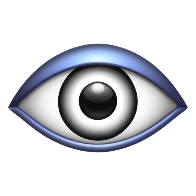 Minimalistic futuristic eye emoji, metallic black and white, reflective iris, smooth circular shape, flat vector, high contrast, centered, clean UI icon sticker