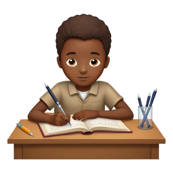 African boy student with brown skin writing with book and pen sticker