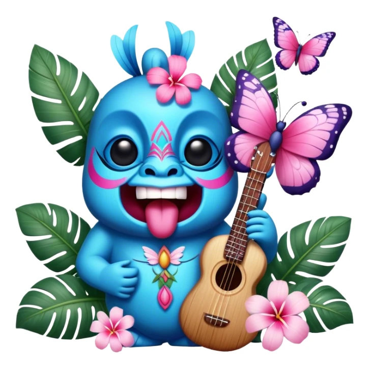 Pixar style little Blue and pink tiki singing with a butterfly and tropical flowers, ultra detailed and lifelike imagery, realistic sticker
