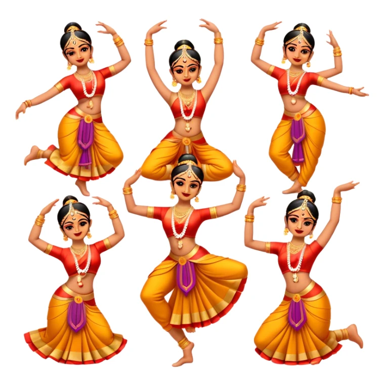 Cinematic Realistic Bharatanatyam Dance Emoji, depicted as an elegant classical Indian dance performance with graceful poses, intricate costumes, and expressive hand gestures, rendered with rich textures and warm dramatic lighting that captures its timeless beauty. sticker