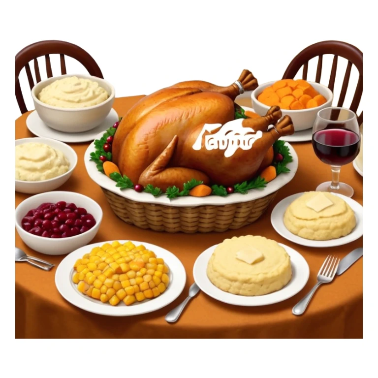 Thanksgiving Dinner with 6 friends of all different races around the table; have the food be a cooked turkey, mashed potatoes, corn, a basket of biscuits, a small bowl of cranberry sauce, baked yams, steamed vegetables, and a bottle of wine. sticker
