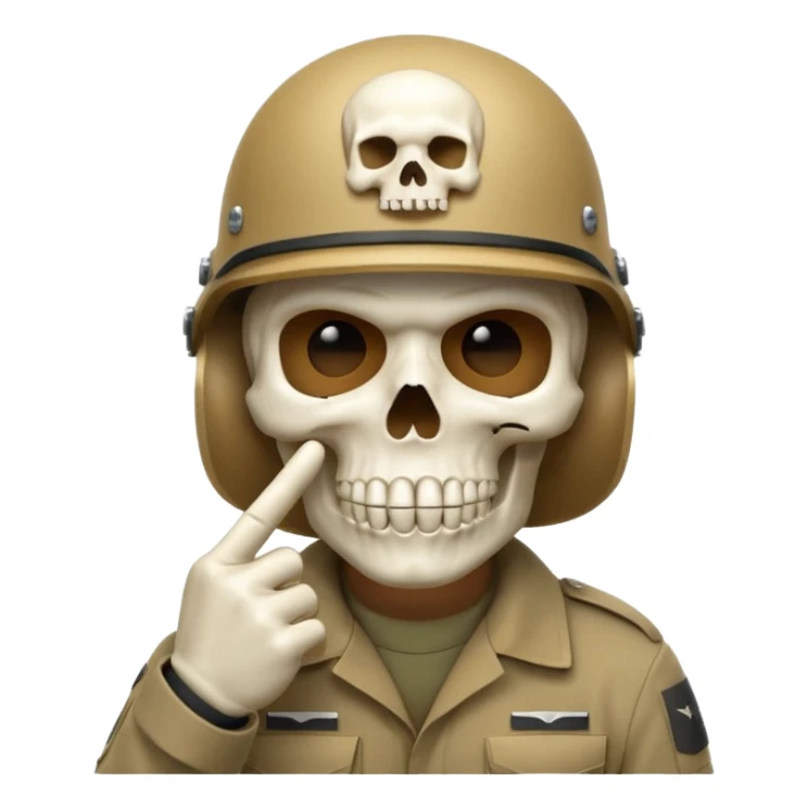 A bold emoji-style white skull wearing a realistic modern army helmet, making a shushing gesture (index finger bone held up to mouth area). Clean vector style,modern emoji aesthetic.The helmet has detailed realistic texture. No body, just the skull and helmet sticker