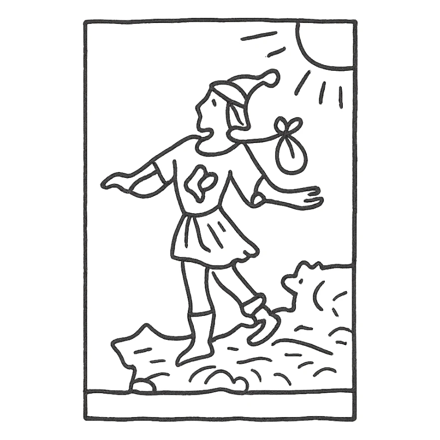The Fool tarot card, simple and minimal, hand-drawn black outline style, no text sticker