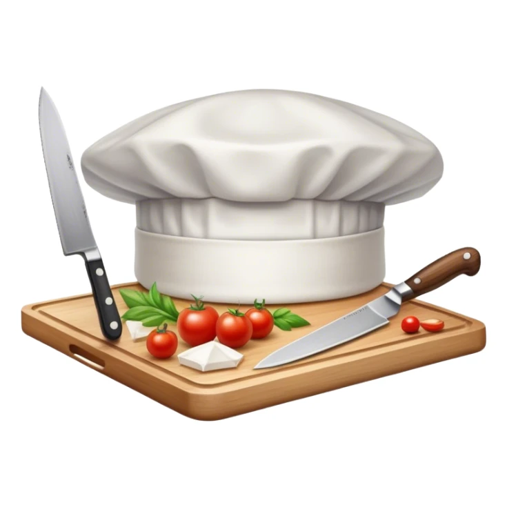 A photorealistic icon featuring a chef's hat, a cutting board with fresh ingredients, a knife, and a plate with a well-plated dish. Bright, detailed design with realistic textures and lighting. Transparent background, clearly symbolizing cooking and culinary arts. sticker