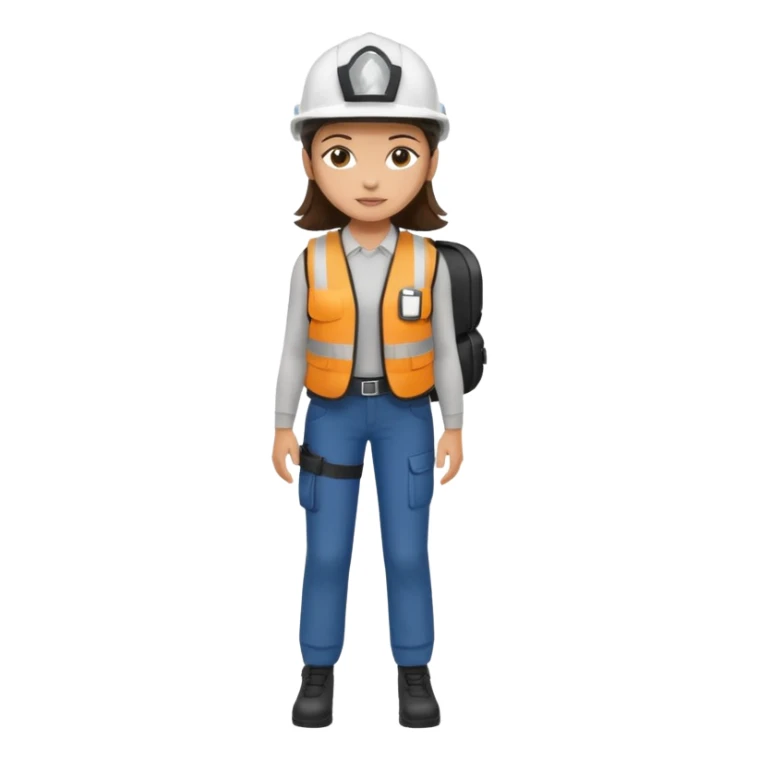 Brunette brown Girl full body standing with her white security helmet and security vest on, also with her black backpack sticker