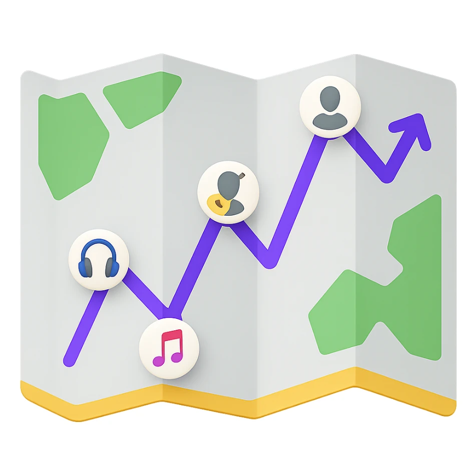 Create a modern, clean paper map emoji in the style of Apple emojis. The map should be slightly folded or open, showing a fresh, colorful digital roadmap inside with a purple path and icons visible. The map is designed for musicians, not a city map, and should not have an antique or parchment look. No text, just the visual roadmap as the main feature. Transparent background. sticker