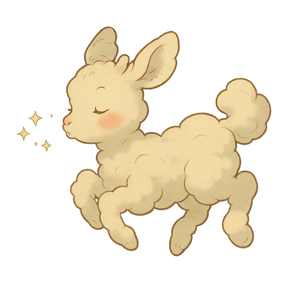 vanilla-colored cloud doe, floating with rosy cheeks and blowing sparkles, ghibli style sticker