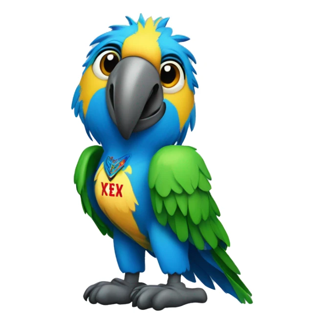 blue macaw with a shirt with "fexei" written sticker