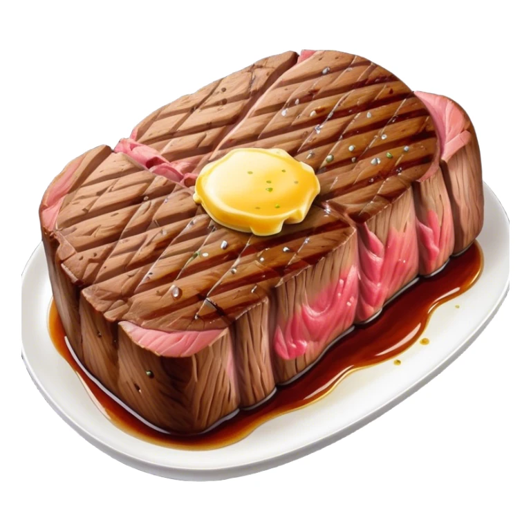 Cinematic thick-cut steak, perfectly seared with grill marks, a juicy pink center, butter melting on top, rich and savory, warm glow, sizzling and mouthwatering, highly detailed and appetizing. sticker