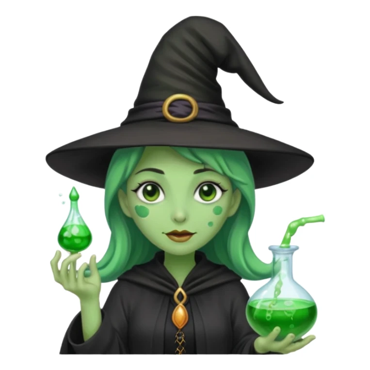 Witch with Green Skin – long-nosed witch in black hat holding potion sticker