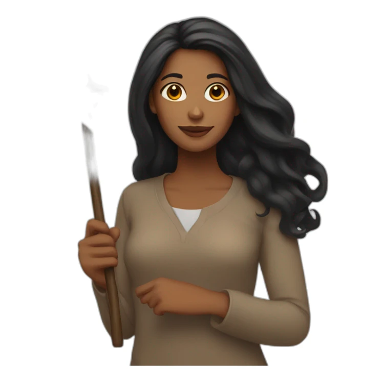 brown woman holding a orange star wand long black hair sticker