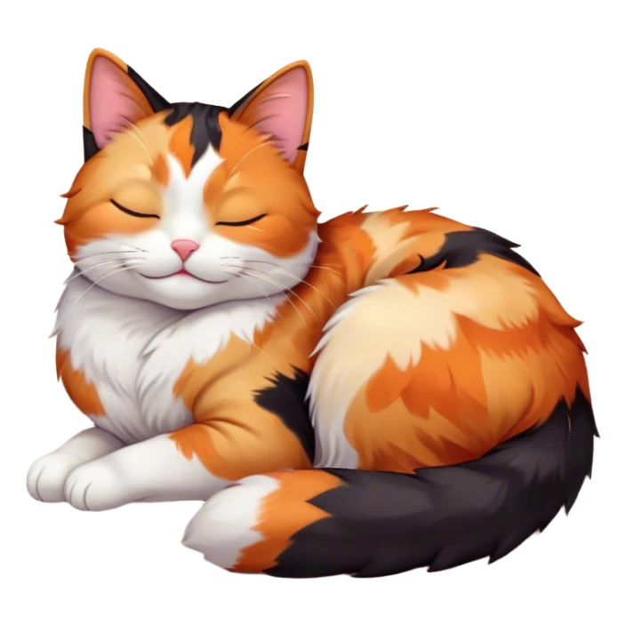 Meme-Worthy Cute Sleeping Calico Cat Portrait Emoji, Head resting peacefully with a content, gentle smile and softly closed eyes, featuring a delicate patchwork fur in vibrant orange, black, and white hues, simplified yet irresistibly endearing, highly detailed, glowing with a soft, drowsy radiance, high shine, exuding relaxed and utterly lovable charm, styled with a gentle, soft glowing outline, capturing the essence of a sleeping calico cat that appears destined to become a viral icon of adorable rest! sticker