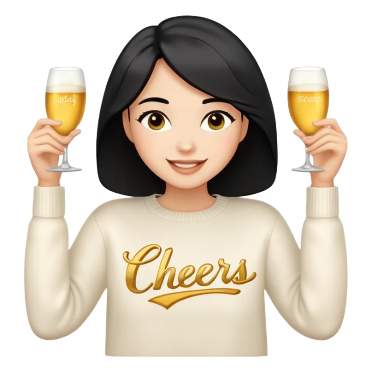 A woman with shoulder-length black hair, light to medium skin tone, full cheeks, and almond-shaped eyes, wearing a white sweater with the word 'cheers' in gold script, lying comfortably on a bed with soft lighting, joyful and radiant expression, emoji style, no drinks. sticker