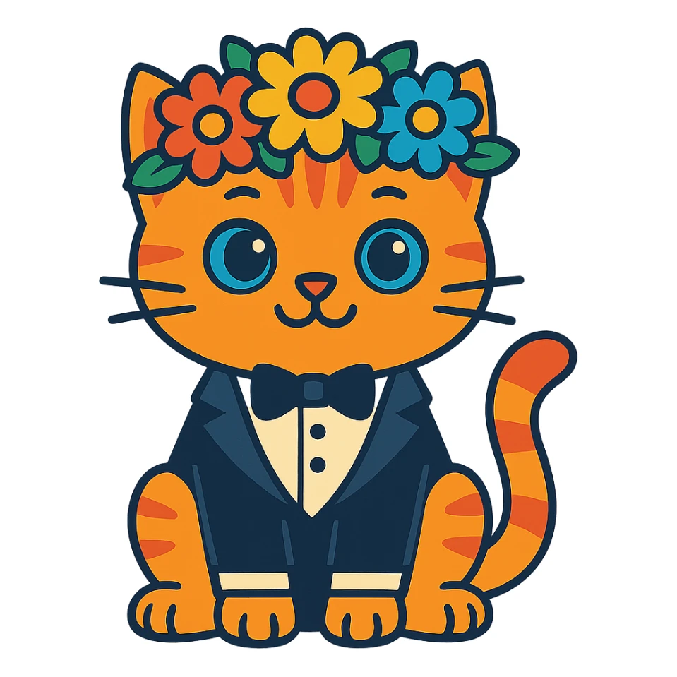 A kitten in a tuxedo with a flower crown sticker