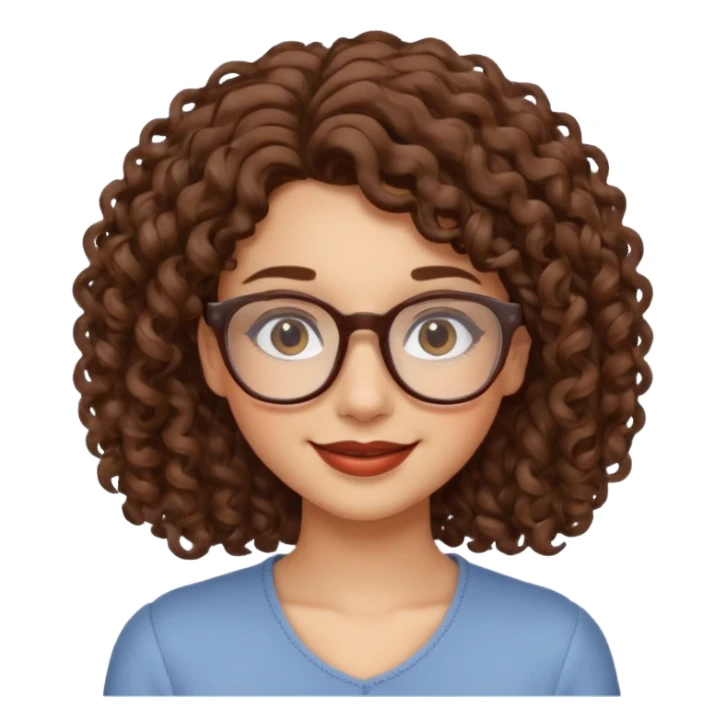 Young woman, curly brown hair, shoulder-length, brown lips, glasses sticker