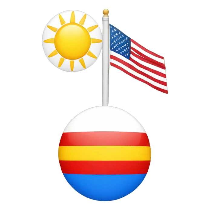 Flag with yellow top stripe, red middle stripe, bottom blue stripe with a white sun in the middle sticker