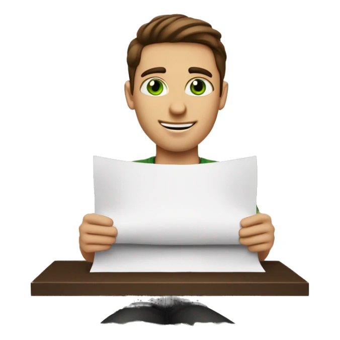 a light-skinned green-eyed man with styled brown hair (brushed back) sitting in front of the long white paper scroll sticker