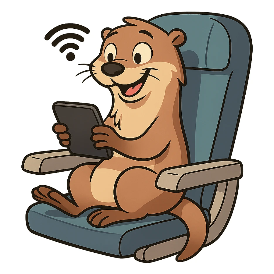playful otter using wifi on a plane, modern cartoon style, clear subject sticker