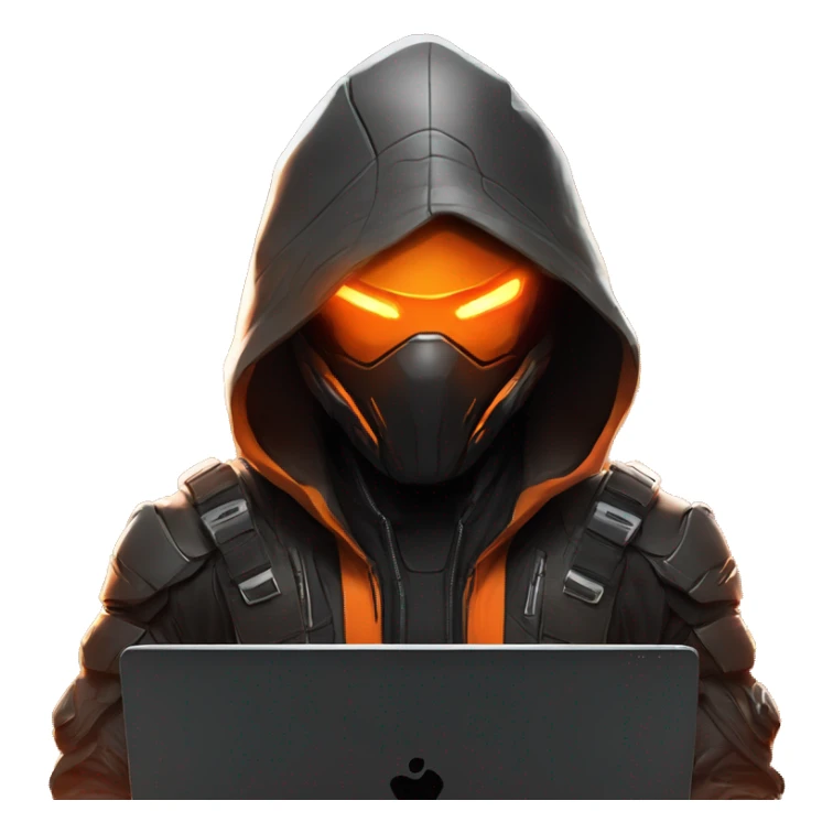  developer behind his laptop with this style : crysis Cyberpunk Valorant orange glowing bright orange character orange black hooded assassin themed character sticker