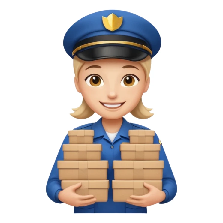 smiling delivery person with uniform and multiple packages sticker