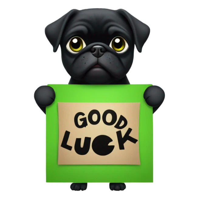 Black pug holding a green sign that says good luck  sticker