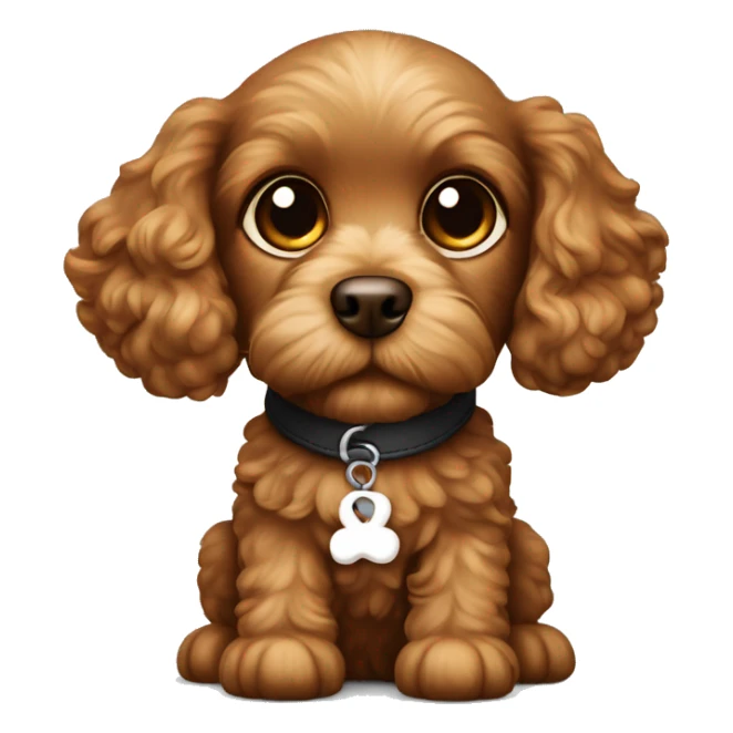 Brown cavapoo puppy with big eyes and bone collar that says sparky sticker