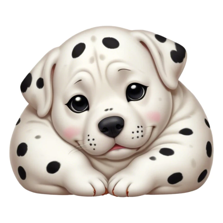 Cinematic Chubby Sleeping Dalmatian Portrait Emoji, Chubby and serene, with a round, plump build and a glossy white coat adorned with distinctive black spots, eyes gently closed in peaceful slumber, Simplified yet irresistibly endearing features, highly detailed, glowing with a gentle, dreamy glow, high shine, relaxed and content, stylized with a touch of whimsy, bright and heartwarming, soft glowing outline, capturing the essence of a blissfully sleepy companion, so comically serene it feels like it could roll out of the screen and snore with adorable charm! sticker