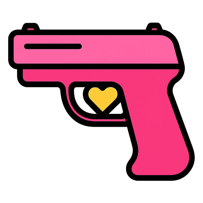 stylized pink pistol with a heart-shaped trigger, modern icon sticker