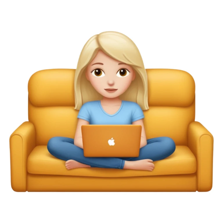 A white girl is lying on a sofa with a laptop sticker