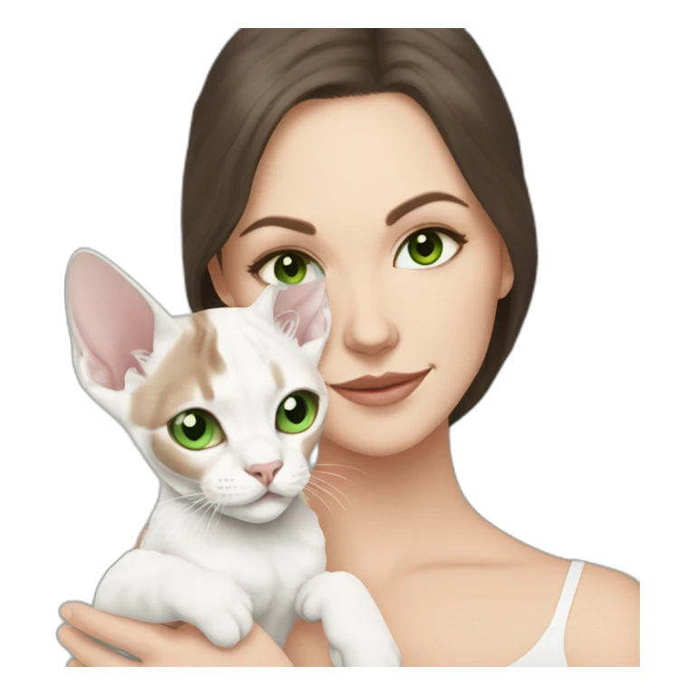 White woman with long dark hair and green eyes holding white devon rex with blue eyes sticker