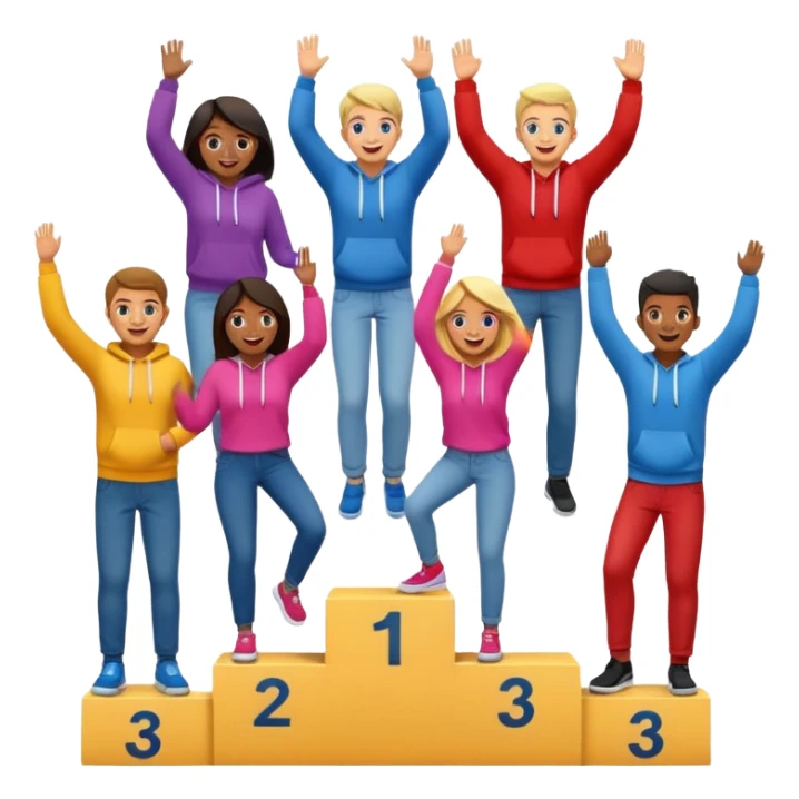 winners’ podium with multi-racial people, un-numbered, middle step higher, fun, colorful clothes like jeans, t-shirts, and hoodies, excited, fun, expressive emoji style sticker