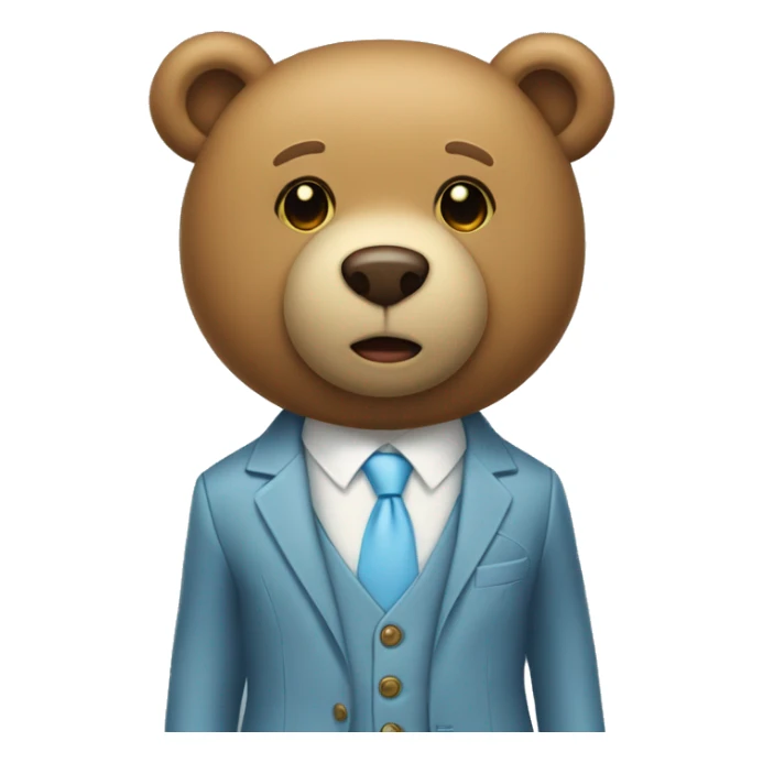 Light brown teddy bear with a light blue suit, with two light yellow buttons on the suit sticker