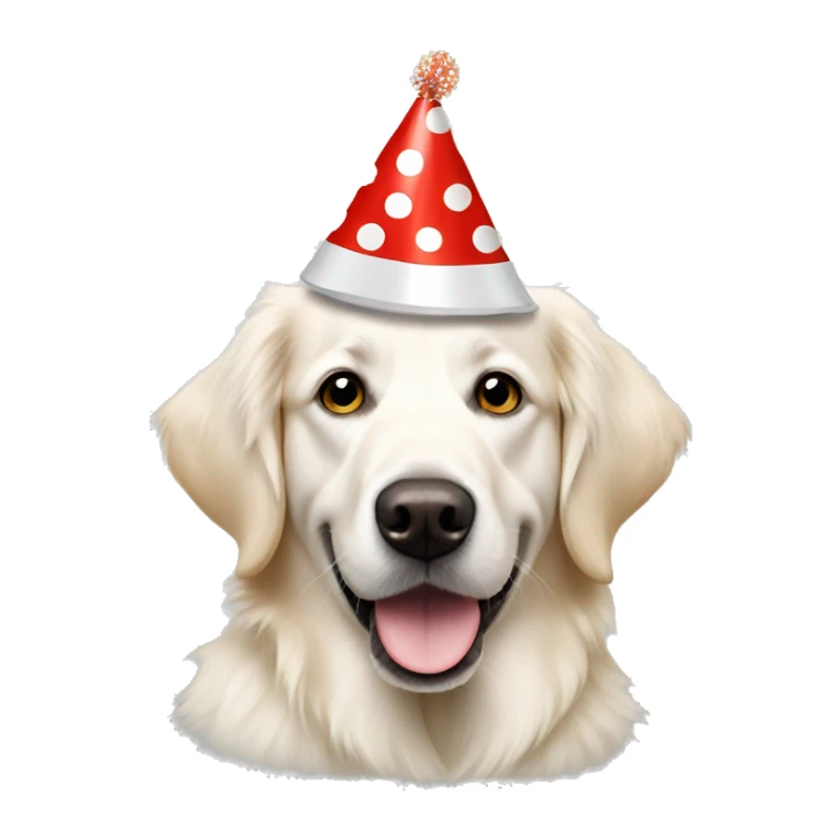 White golden retriever wearing polka dot party hat sticker