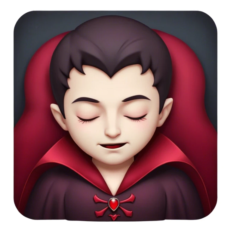 Meme-Worthy Cute Sleeping Vampire Portrait Emoji, with a refined, small, pale face softened by closed, serene eyes and a slight, peaceful smile, adorned in miniature elegant dark attire with a hint of fading crimson, simplified yet irresistibly adorable, highly detailed with a soft ethereal outline that captures the drowsy charm of a vampire in quiet nighttime slumber! sticker