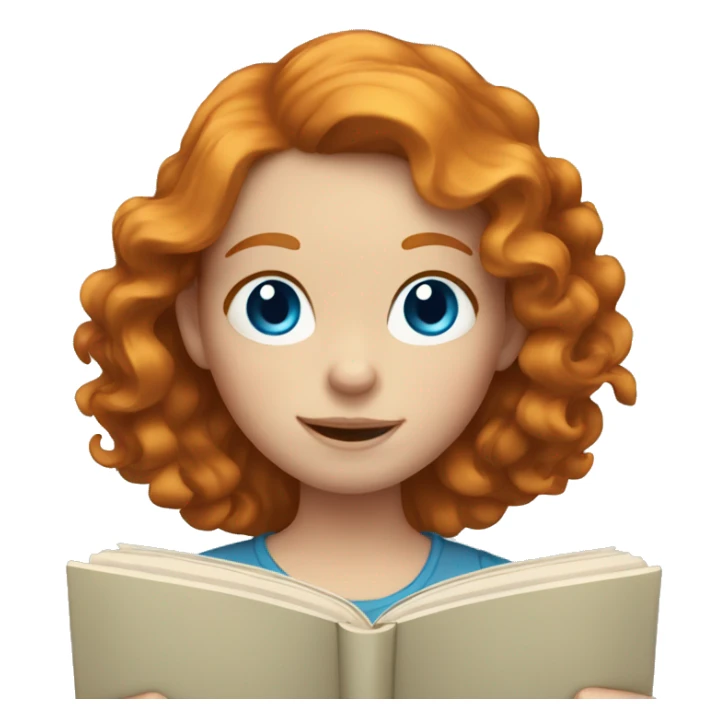 Ginger girl with wavy hair and blue eyes reading sticker