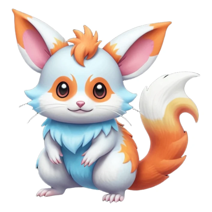 Shiny iridescent light warmly colored reddish-orange-gold-gradients neon vibrant bioluminescent colorful flourishing flurry fuzzy Absol-Minccino-Furret-Zangoose-Chinchilla-Stitch-fusion-animal-Fakémon-hybrid-creature  sticker