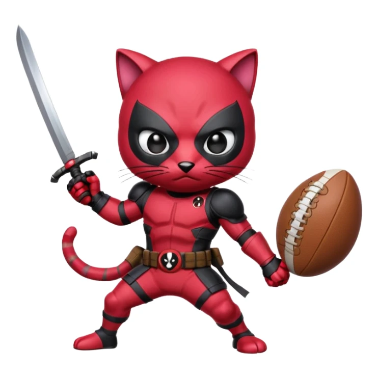 Epic cat ninja with two swords  with bubble gum hand looking like Deadpool holding a football with the egg ready for some action  sticker